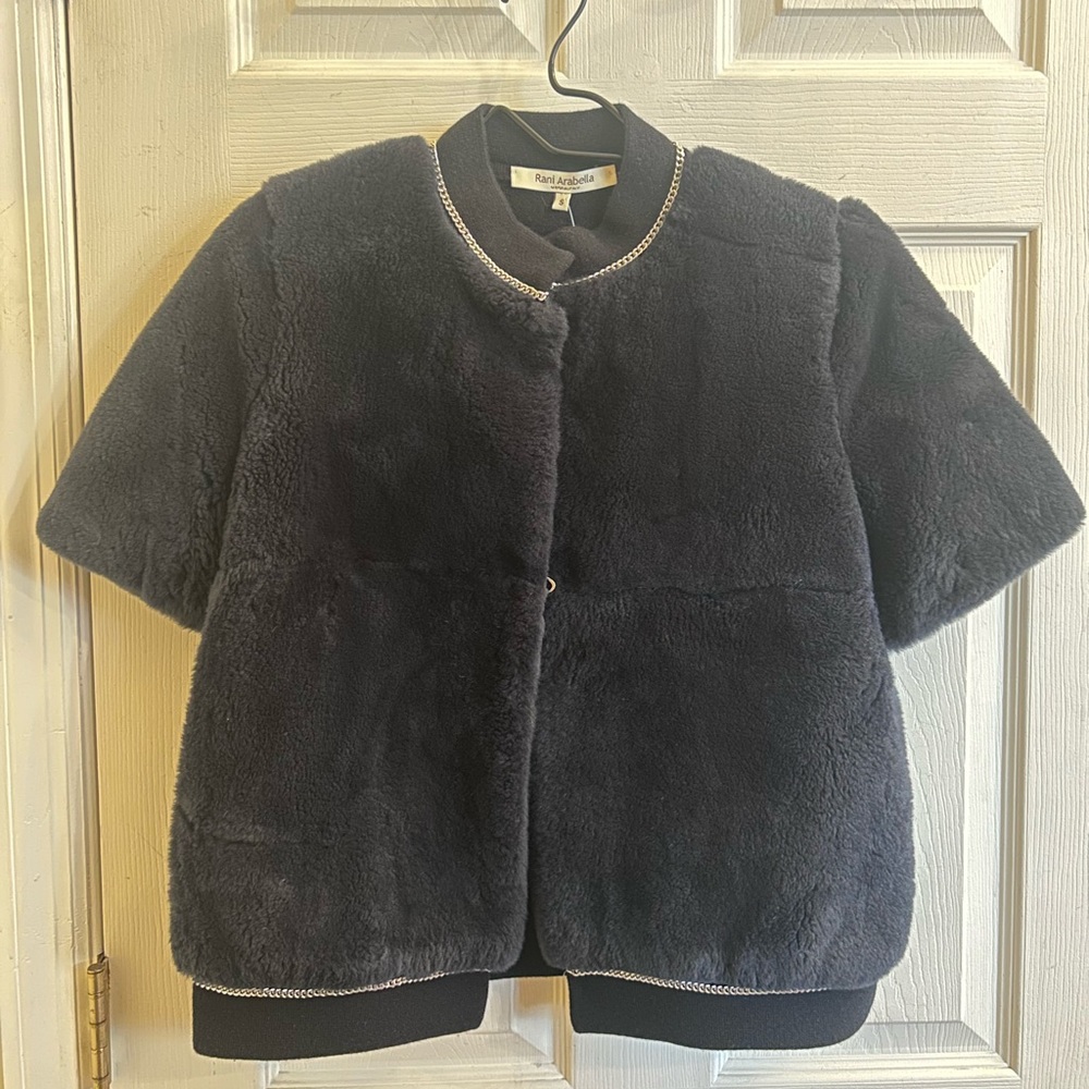 Rani Arabella Dark Navy black fur short sleeve bomber jacket *size s